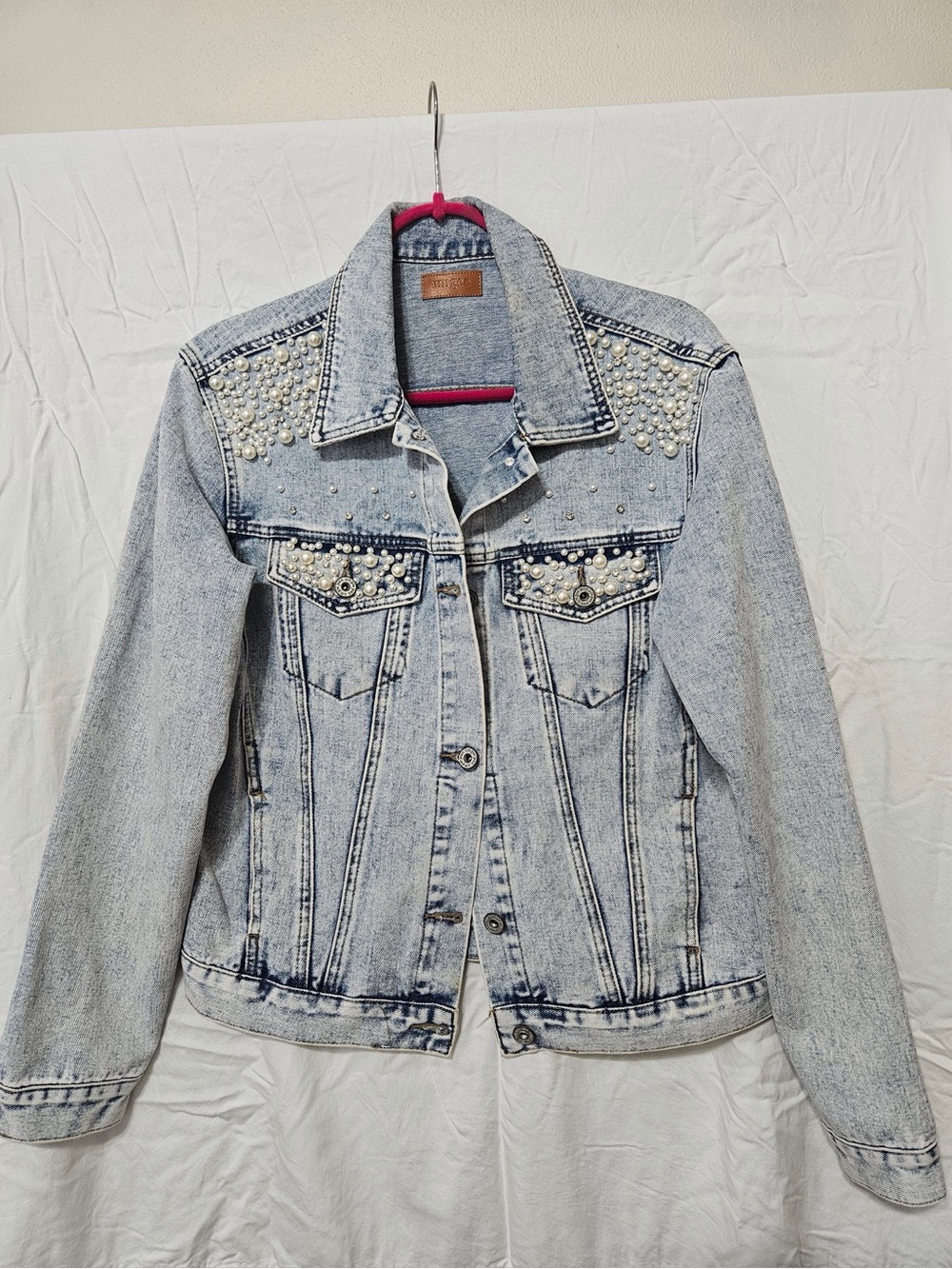 Umgee Light Blue Pearl-Embellished Denim Jacket
